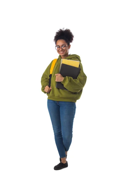 Retrato Comprimento Total Menina Afro Americana Muito Sorridente Estudante Universitário — Fotografia de Stock