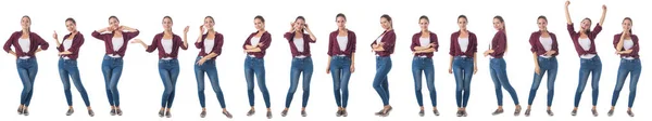 Conjunto Retratos Cuerpo Entero Hermosa Joven Con Ropa Casual Aislada — Foto de Stock