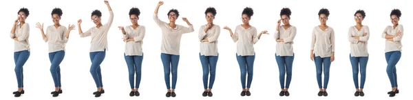 Conjunto Retratos Completos Mujer Negocios Africana Sonriente Gafas Aisladas Sobre — Foto de Stock