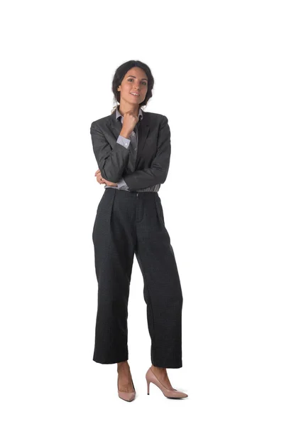 Retrato Comprimento Total Mulher Negócios Sorridente Isolado Fundo Branco — Fotografia de Stock