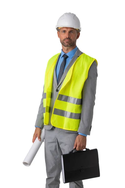 View Mid Adult Construction Worker Wearing Helmet Holding Blueprints Isolated — Stock Photo, Image