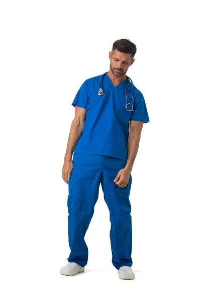Tired Sleepy Doctor Standing Medical Clothing Eyes Closed Full Length — Stock Photo, Image