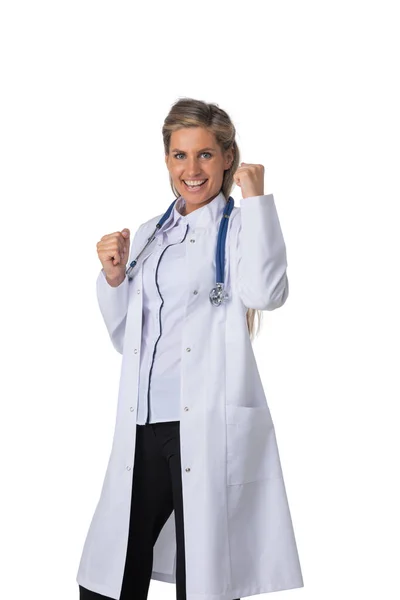 Porträt Der Ärztin Mit Dem Ersten Erfolgsschild Auf Weißem Hintergrund — Stockfoto