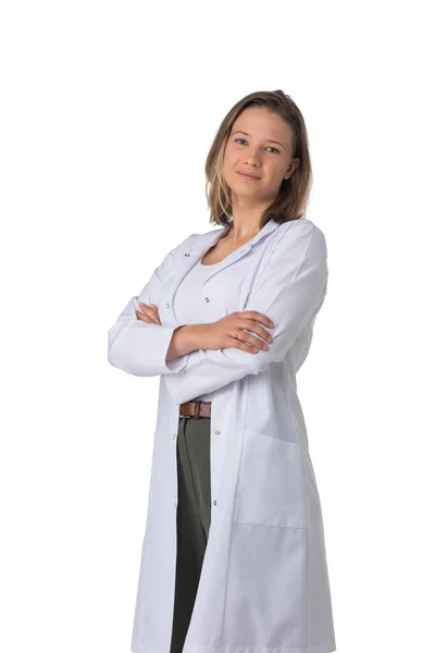 Retrato Joven Doctora Feliz Pie Con Los Brazos Cruzados Aislados —  Fotos de Stock