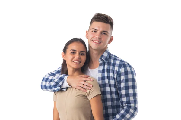 Portrait Beau Jeune Couple Souriant Heureux Isolé Sur Fond Blanc — Photo