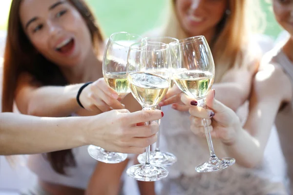 Gruppe junger Frauen stößt an — Stockfoto