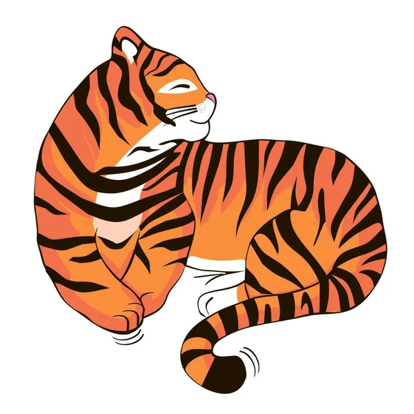 虎の側面に横たわる 野生動物のイラスト 大きなタビー猫 子供用ステッカー 漫画の捕食者 描かれた虎の子 目を閉じた 動物園からの動物 かわいい赤ちゃんの絵 サファリ動物 — ストックベクタ