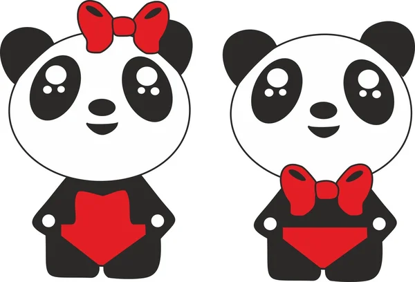 Panda, animal, negros, olho, menina, menino, vermelho, maiô, calças, arco, sorriso, animal, puxando — Vetor de Stock