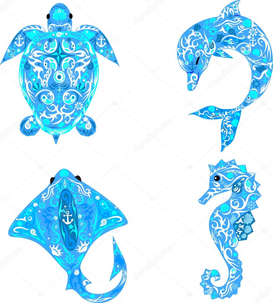 Sea inhabitants, exotic animals, deep-water animals, dolphin with a pattern, a turtle sea,