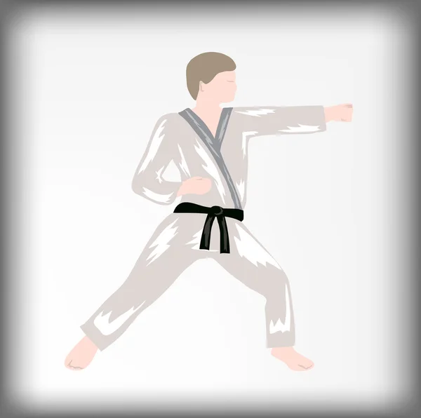 El karateka da un golpe, el atleta en un bastidor de lucha, un cinturón negro en judo , — Vector de stock