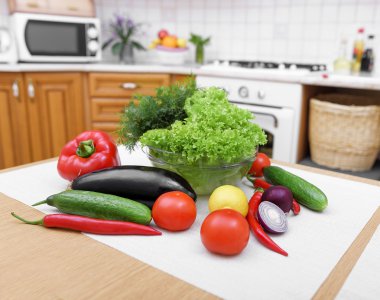 Mutfak masasında taze sebzeler.