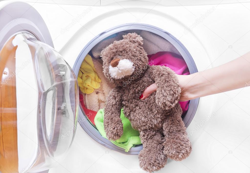 Teddy bear in a washing machine.