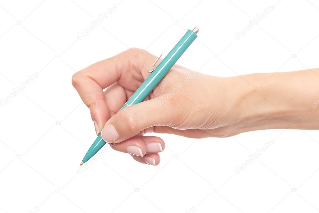 Blue pen in hand.