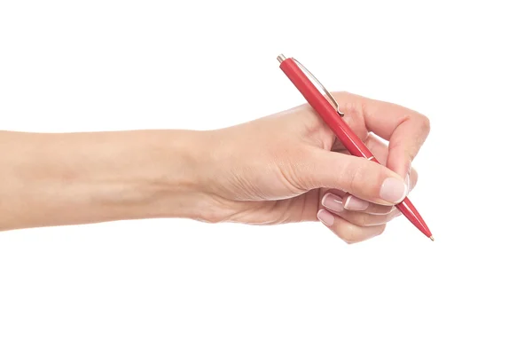 Ręka trzyma czerwony długopis. — Zdjęcie stockowe