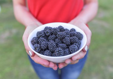 Böğürtlen bir kase tutarak kız.