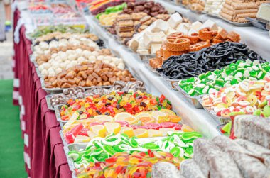 Sweets and candy on the counter market.