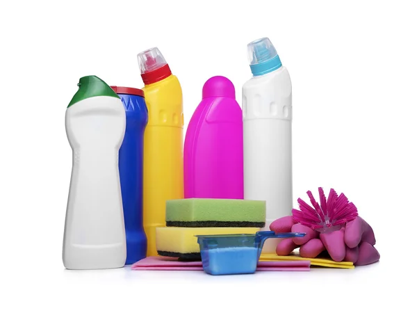 Detergent bottles and chemical cleaning supplies — Stock Photo, Image