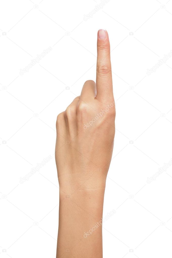 Woman hand pointing up with index finger 