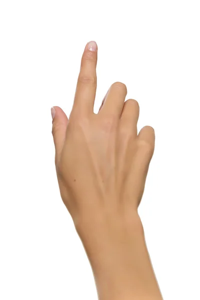 Frauenhand zeigt mit Zeigefinger nach oben — Stockfoto