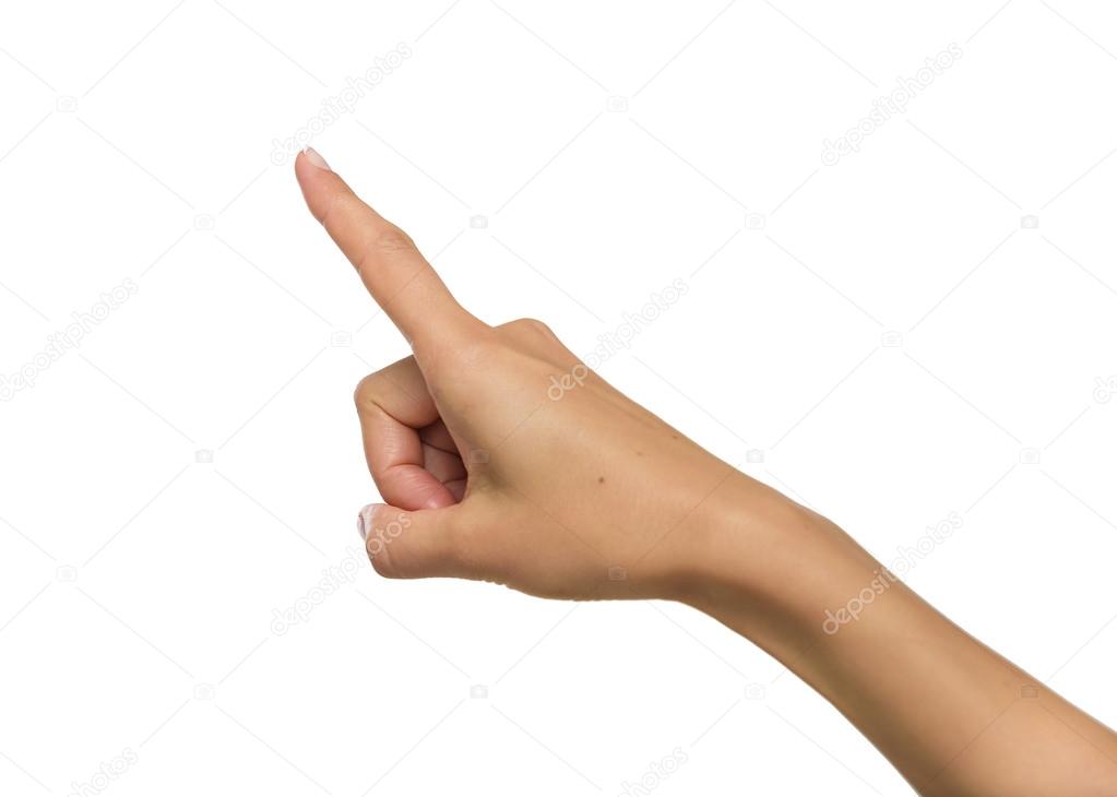 Woman hand pointing up with index finger