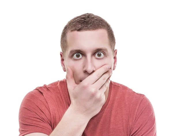 Man hand covers her mouth in shock. — Stock Photo, Image