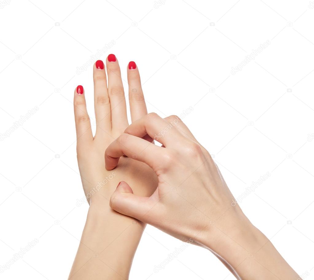 Female hand itches.