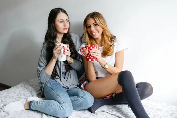 Dos chicas hermosas jóvenes riendo y posando con tazas e inha — Foto de Stock