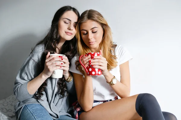 Dos chicas hermosas jóvenes riendo y posando con tazas e inha — Foto de Stock
