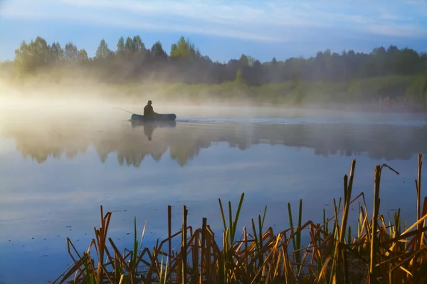 Одинокий рыбак на озере рано утром Лицензионные Стоковые Фото