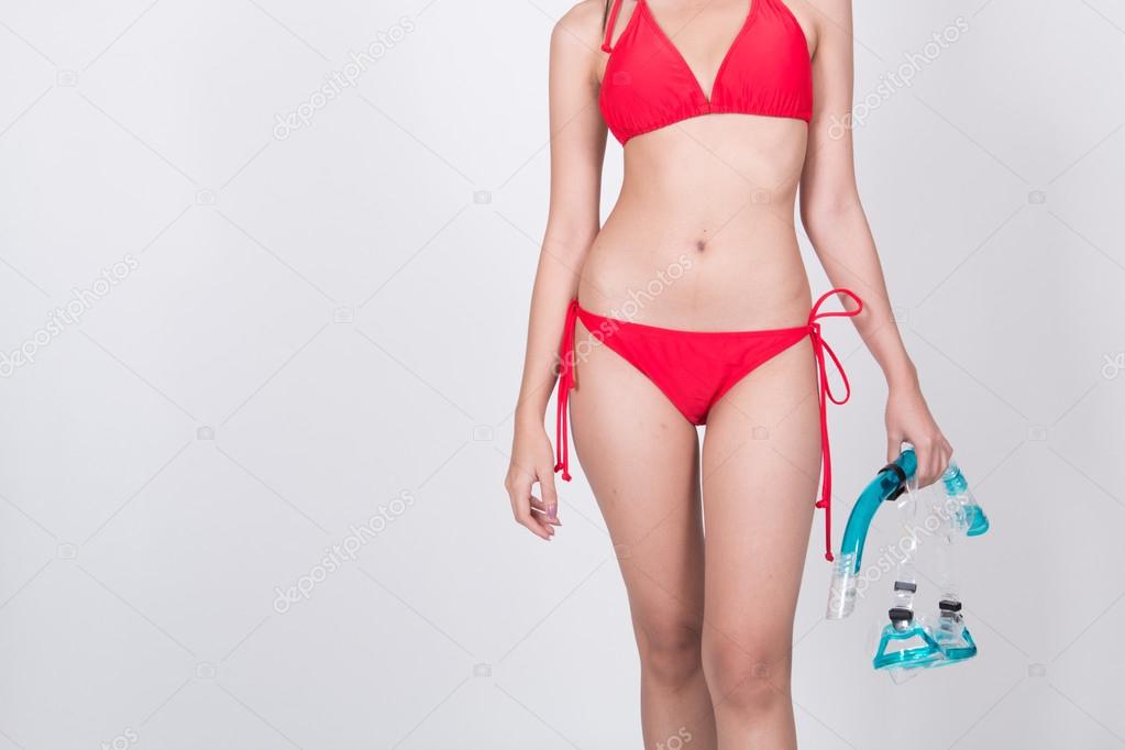 Sexy Asian girl in red bikini with snorkle