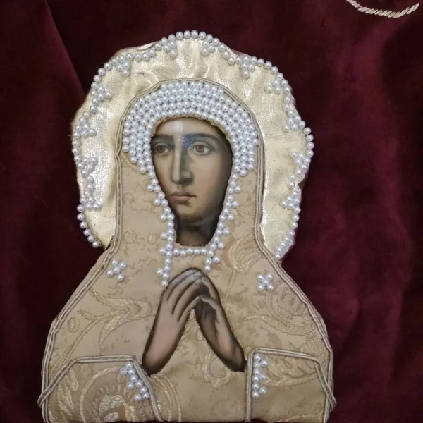 Kutsal Meryem, 19. yüzyıl sanatı, İsa 'nın Kutsal Hazreti İsa' sı, yağlı boya tablosu, boncuklu nakış.