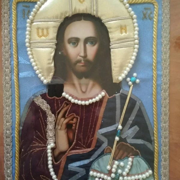 Jezus Christus Portret Borduurwerk Met Kralen Olieverfschilderij 19E Eeuwse Kunst — Stockfoto