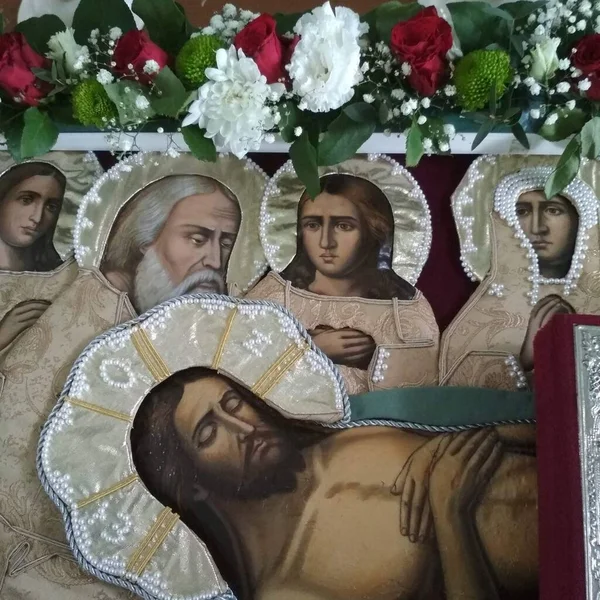 İsa 'nın kutsal kefeni, havariler, 19. yüzyıl sanatı, boncuklarla işlenmiş, simge parçası.