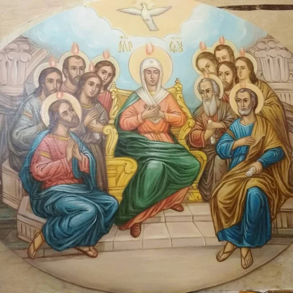 Kutsal Ruh 'un havarilerin üzerine inişi, yeni 2021 yaer, yağlı boya resim.