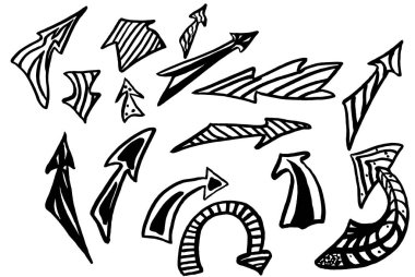 A bundle of black and white arrows of different forms and shapes