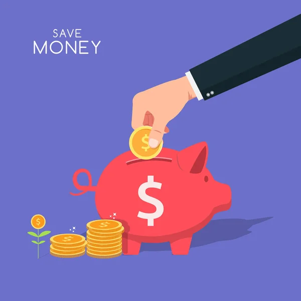 Hand Put Coin Piggy Bank Vector Illustration Saving Money Symbol — Διανυσματικό Αρχείο