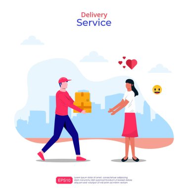 Online fast delivery services concept. courier man illustration with boxes package give to woman customer. city skyline in the background. flat vector style