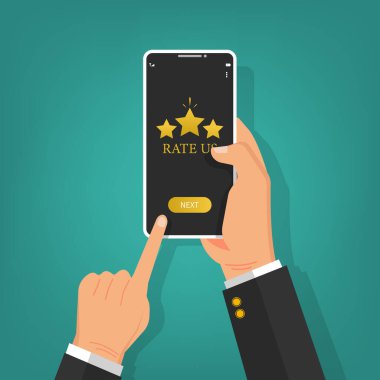 User rating concept design. Businessman holding smartphone and gives feedback online with golden stars symbol. Review and customer satisfaction vector illustration