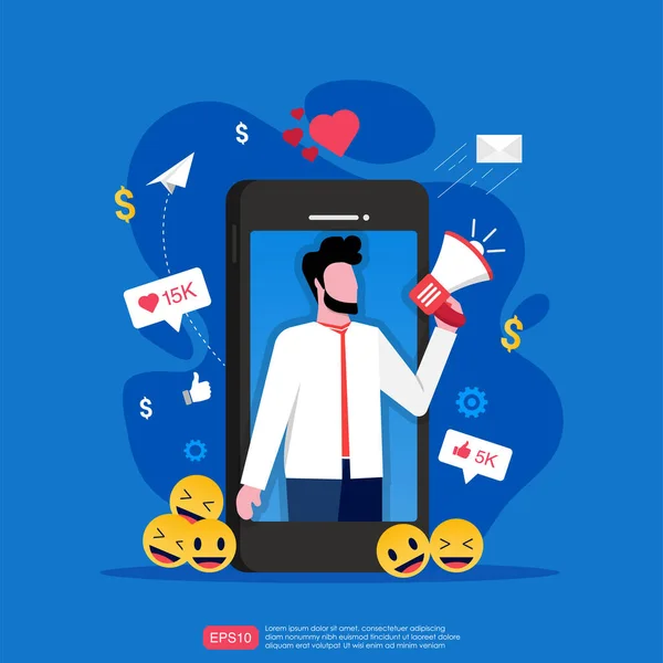 Social Media Marketing Mobile Concept Man Character Holding Megaphone Phone — Stok Vektör