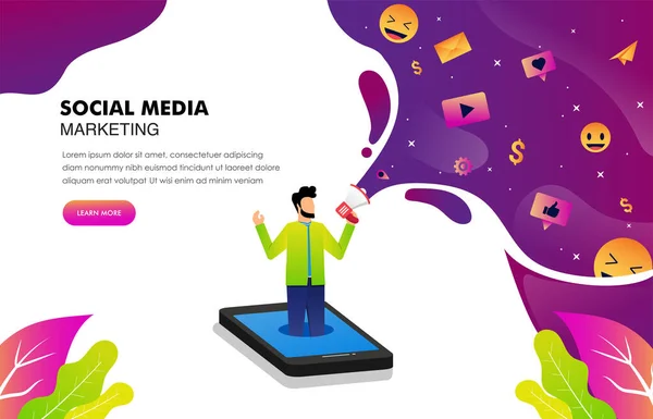 Social Media Marketing Mobile Concept Man Character Holding Megaphone Isometric — Stok Vektör