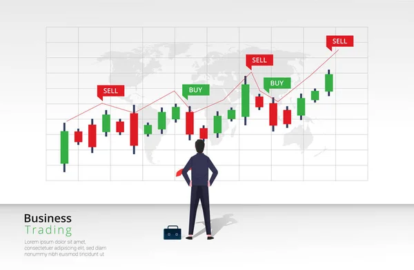 Business Trading Design Concept Businessman Character View Analyze Bar Chart — 스톡 벡터