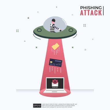 phishing attack with cartoon concept. cyber crime with ufo, laptop, credit card, and folder symbol. Hacking and fraud online vector illustration