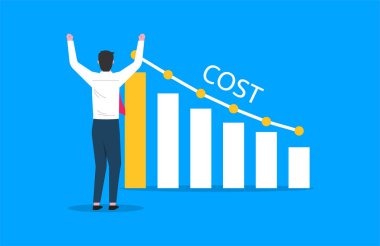 Costs reduction, costs cut, costs optimization business concept. Businessman views graph with descending curve. vector illustration