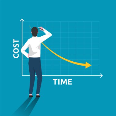 Costs reduction, costs cut, costs optimization business concept. Businessman draw simple graph with descending curve. vector illustration