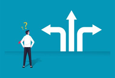 Businessman character illustration confused making decision in business with direction arrow sign. Choices, career, confused mind concept.