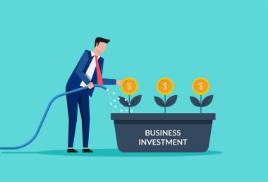 Businessman watering money trees vector illustration. Smart investment and business development symbol.