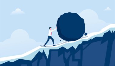 Businessman pushing heavy stone uphill vector illustration. Business problem crisis symbol.