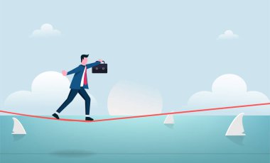 Businessman walking in balance on tightrope with risk vector illustration.