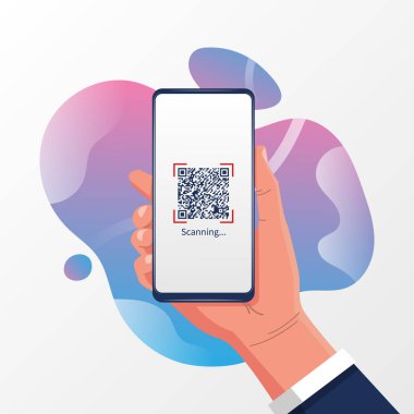 Hand holding smartphone with QR code vector illustration.