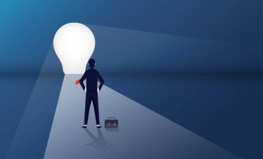 Businessman standing in front of light bulb door concept. Business and career path symbol vector illustration